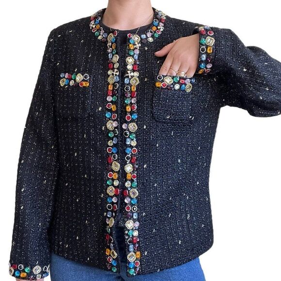 Vintage 80s Berek Black Tweed Rainbow Jeweled Beaded Blazer Jacket XL - Picture 8 of 10
